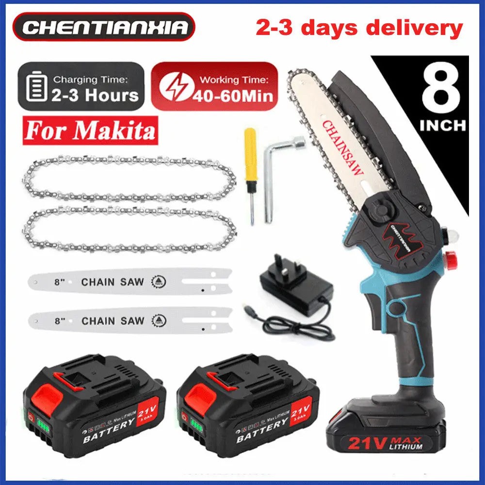 2 Batteries 8-4000W Mini Cordless Chainsaw Electric One-Hand Saw Wood Cutter