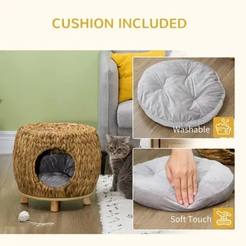PawHut Wicker Cat Bed Cat House Stool With Washable Cushion, 44 X 43 X 41cm