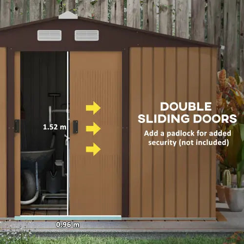 Outsunny 9 X 6ft Metal Garden Shed, Outdoor Storage Tool House With Ventilation Slots, Foundation Kit And Lockable Double Doors, Light Brown