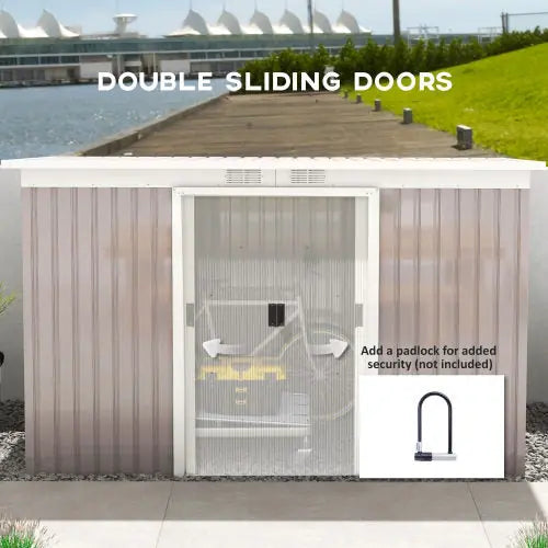 Outsunny Corrugated Garden Metal Storage Shed Outdoor Equipment Tool Box With Kit Ventilation Doors 9x 4FT Light Grey