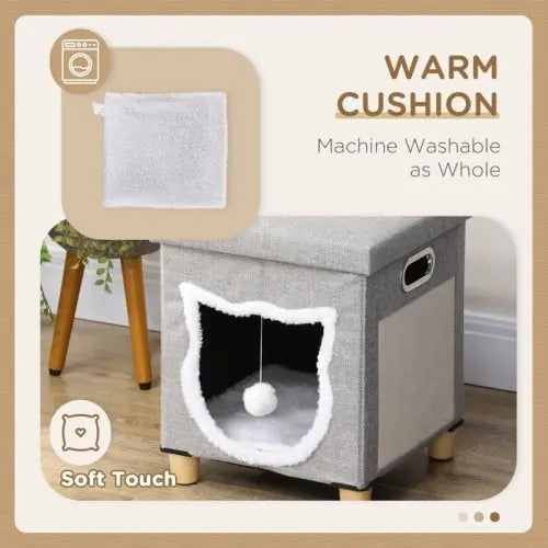 PawHut Cat House Cave, Cat Bed Cube With Scratching Pad, Soft Detachable & Washable Cushion, Toy Ball, For Indoor Kittens, Grey