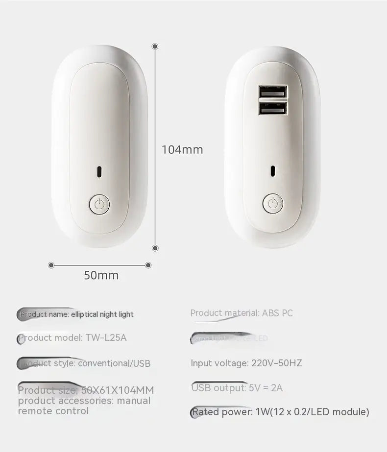 Oval Small Night Lamp With Dual USB Charging Port Remote Control Timing Plug-in Wall