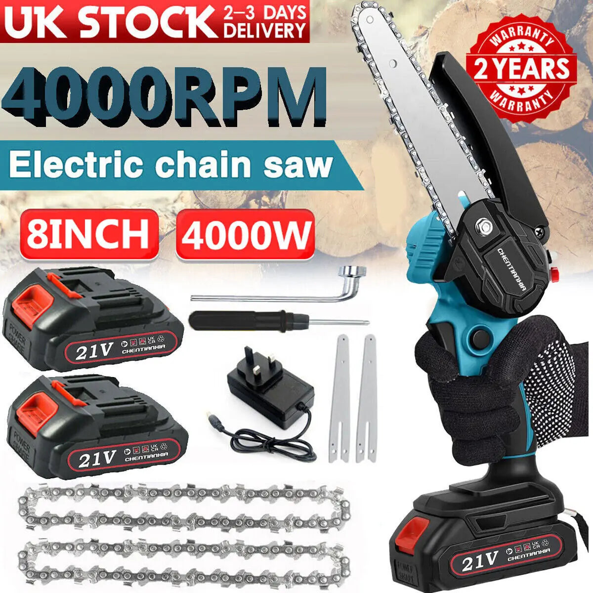 2 Batteries 8-4000W Mini Cordless Chainsaw Electric One-Hand Saw Wood Cutter