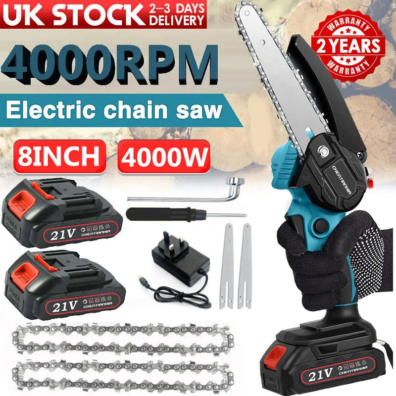 2 Batteries 8-4000W Mini Cordless Chainsaw Electric One-Hand Saw Wood Cutter Shoppergetty
