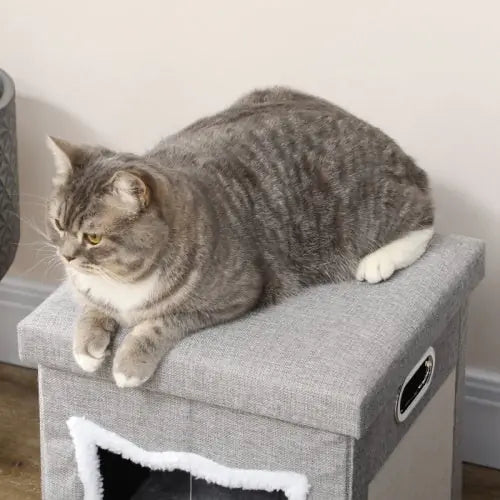 PawHut Cat House Cave, Cat Bed Cube With Scratching Pad, Soft Detachable & Washable Cushion, Toy Ball, For Indoor Kittens, Grey