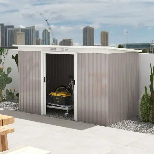Outsunny Corrugated Garden Metal Storage Shed Outdoor Equipment Tool Box With Kit Ventilation Doors 9x 4FT Light Grey