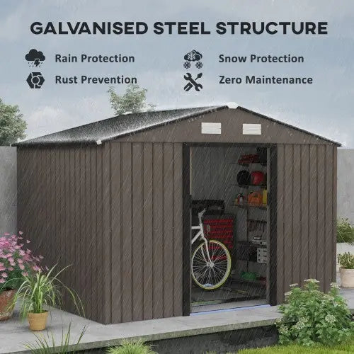 Outsunny 9 X 6ft Metal Garden Shed, Outdoor Storage Tool House With Ventilation Slots, Foundation Kit And Lockable Double Doors, Brown