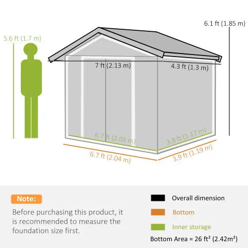 Outsunny 7 X 4ft Metal Garden Shed, Outdoor Storage Tool House With Ventilation Slots, Foundation Kit And Lockable Double Doors, Green
