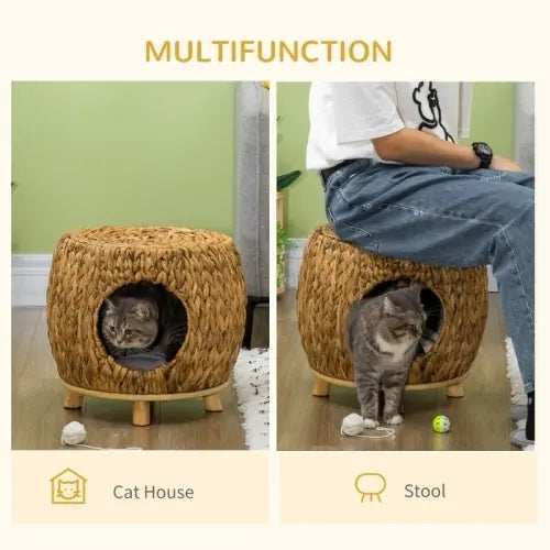PawHut Wicker Cat Bed Cat House Stool With Washable Cushion, 44 X 43 X 41cm