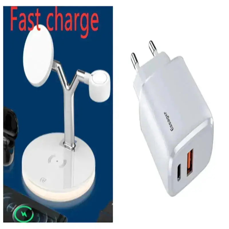 Sleek 3-in-1 fast wireless charging station for your Apple devices, combining cutting-edge 15W MagSafe technology with elegant home decor.